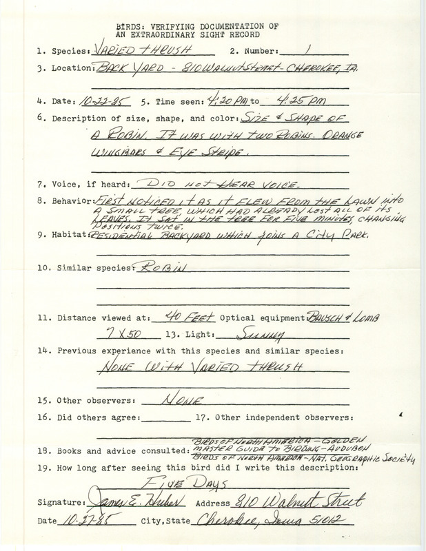 Rare bird documentation form for a Varied Thrush at Cherokee in Cherokee County, IA on October 22, 1985.