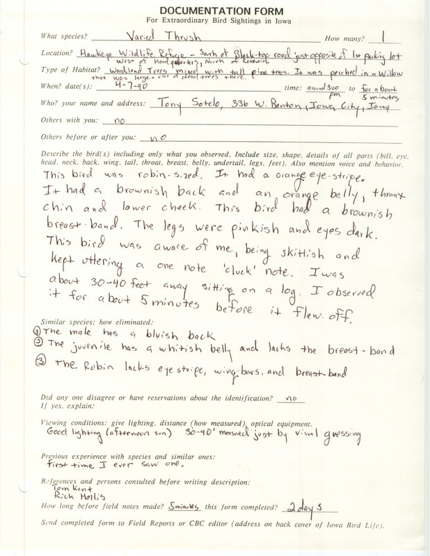 Rare bird documentation form for a Varied Thrush at Hawkeye Wildlife Refuge in Johnson County, IA on April 7, 1990.