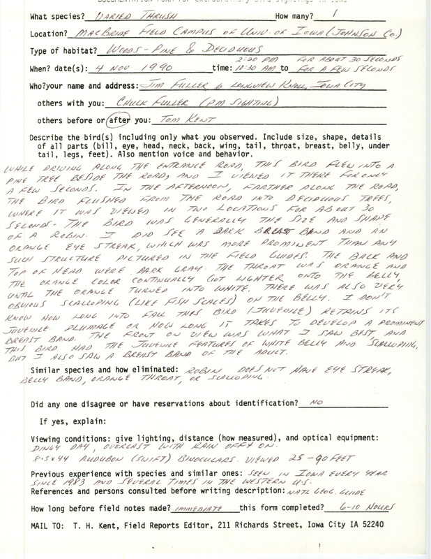 Rare bird documentation form for a Varied Thrush at MacBride Nature Recreation Area in Johnson County, IA on November 4, 1990.