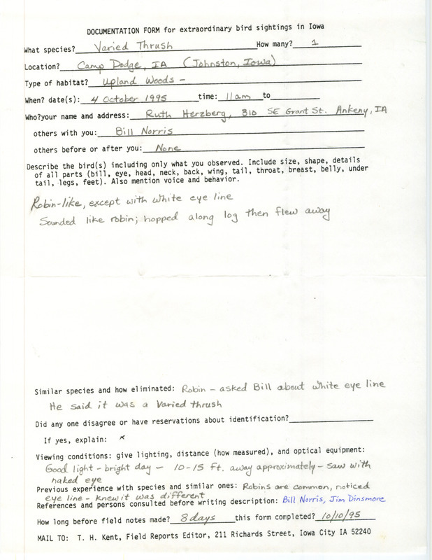 Rare bird documentation form for a Varied Thrush at Camp Dodge in Polk County, IA on October 4, 1995.