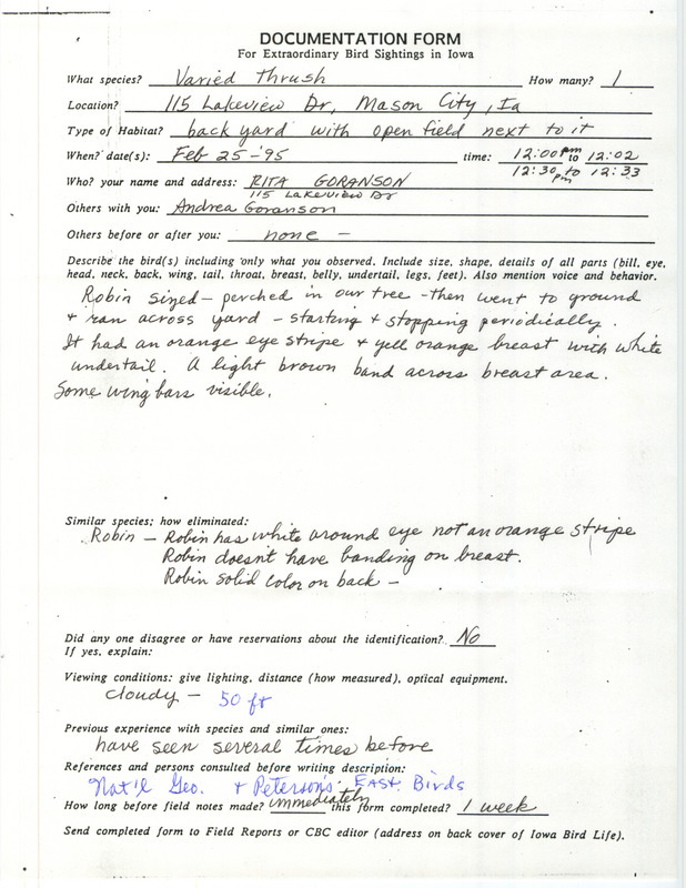 Rare bird documentation form for a Varied Thrush at Mason City in Cerro Gordo County, IA on February 25, 1995.