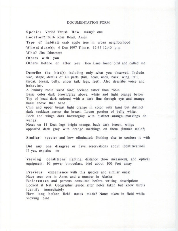 Rare bird documentation form for a Varied Thrush at Ames in Story County, IA on December 6, 1997.