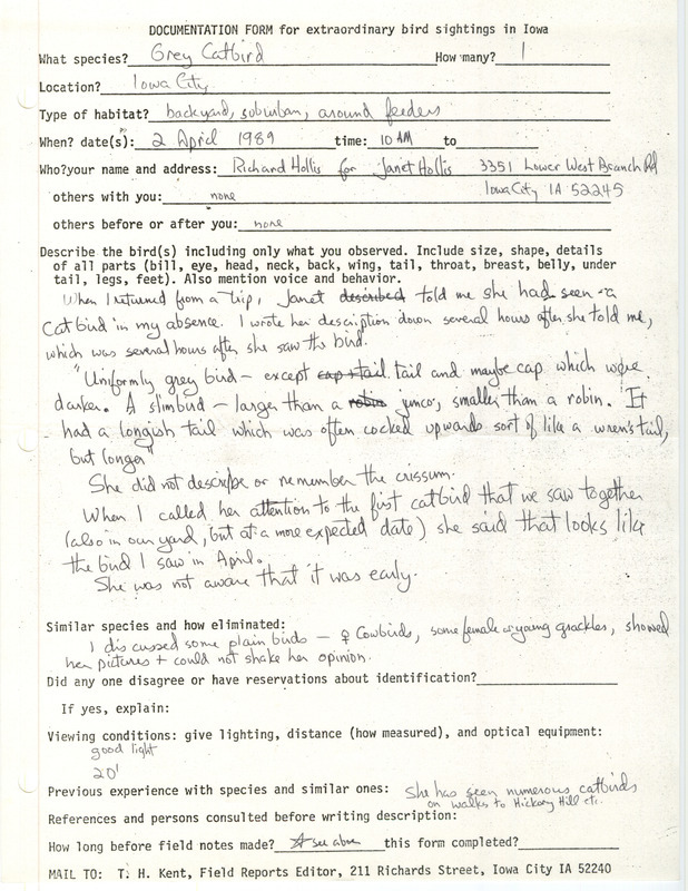 Rare bird documentation form for a Gray Catbird at Iowa City in Johnson County, IA on April 2, 1989.