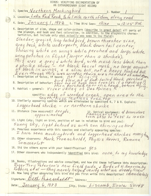 Rare bird documentation form for a Northern Mockingbird at Lake Red Rock in Marion County, IA on January 1, 1983.