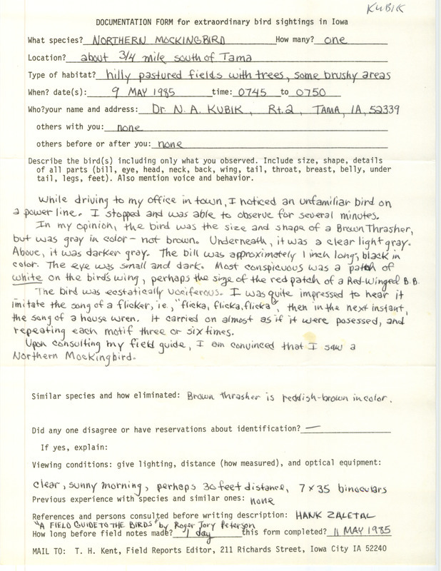 Rare bird documentation form for a Northern Mockingbird south of Tama in Tama County, IA on May 9, 1985.