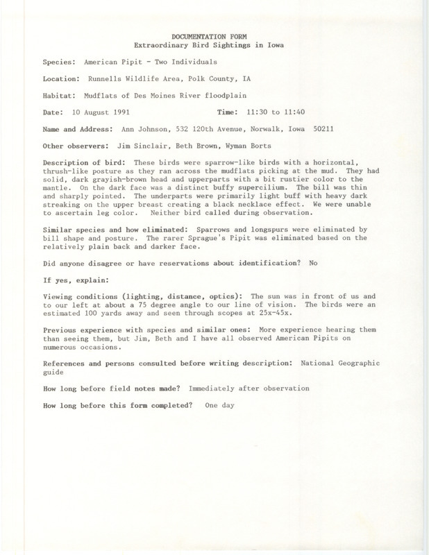 Rare bird documentation form for two American Pipits at Runnells Wildlife Area in Polk County, IA on August 10, 1991.