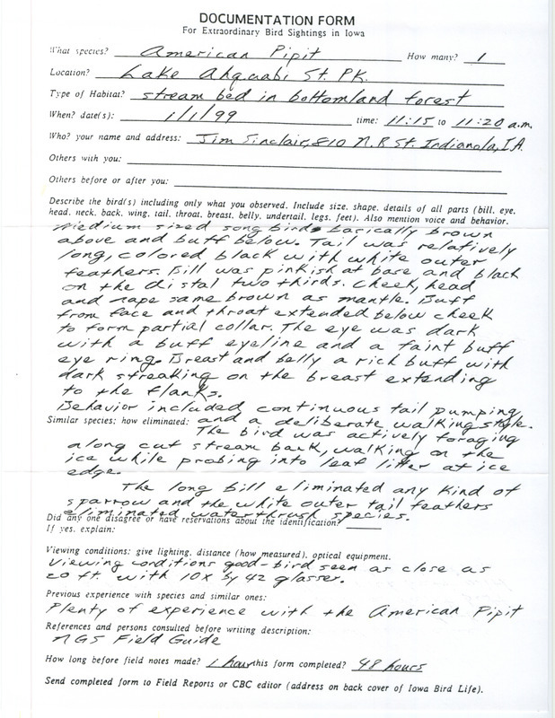 Rare bird documentation form for an American Pipit at Lake Ahquabi State Park in Warren County, IA on January 1, 1999.