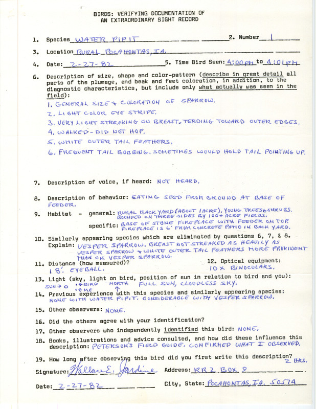 Rare bird documentation form for an American Pipit at Pocahontas in Pocahontas County, IA on February 27, 1982.