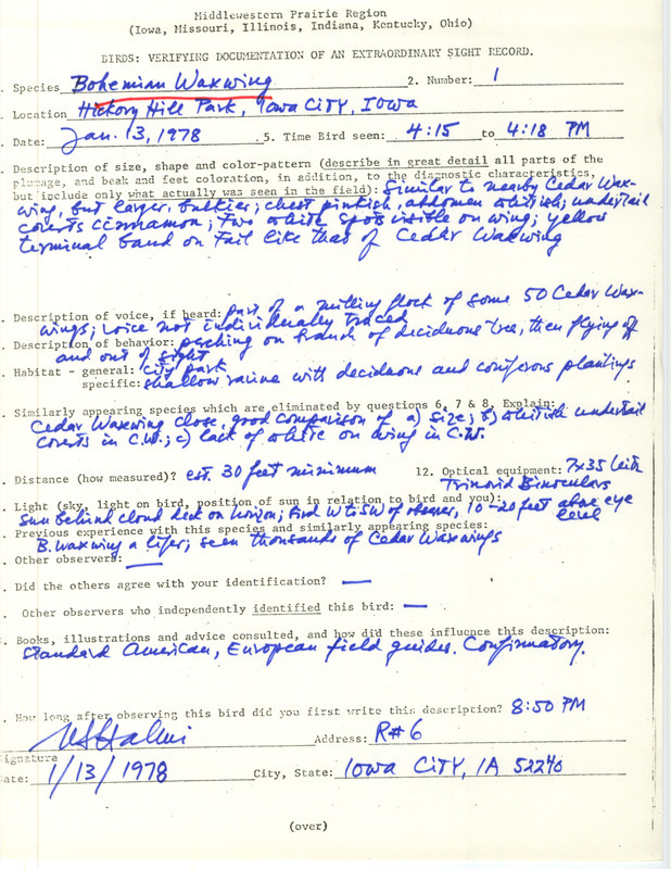 Rare bird documentation form for a Bohemian Waxwing at Hickory Hill Park in Iowa City in Johnson County, IA on January 13, 1978.