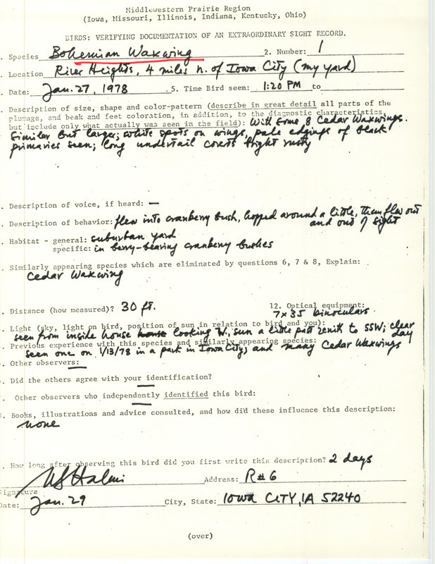 Rare bird documentation form for a Bohemian Waxwing at River Heights in north Iowa City in Johnson County, IA on January 27, 1978.