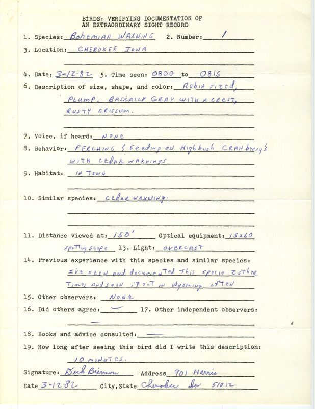 Rare bird documentation form for a Bohemian Waxwing at Cherokee in Cherokee County, IA on March 12, 1982.