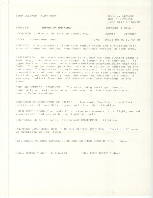 Rare bird documentation form for a Bohemian Waxwing at Iowa City in Johnson County, IA on November 11, 1984.