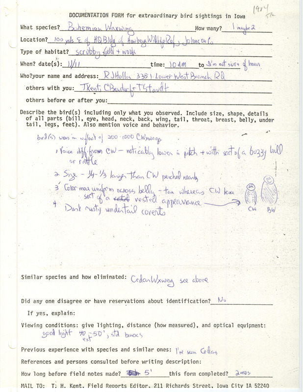 Rare bird documentation form for one or two Bohemian Waxwings at Hawkeye Wildlife Management Area in Johnson County, IA on November 11, 1984.