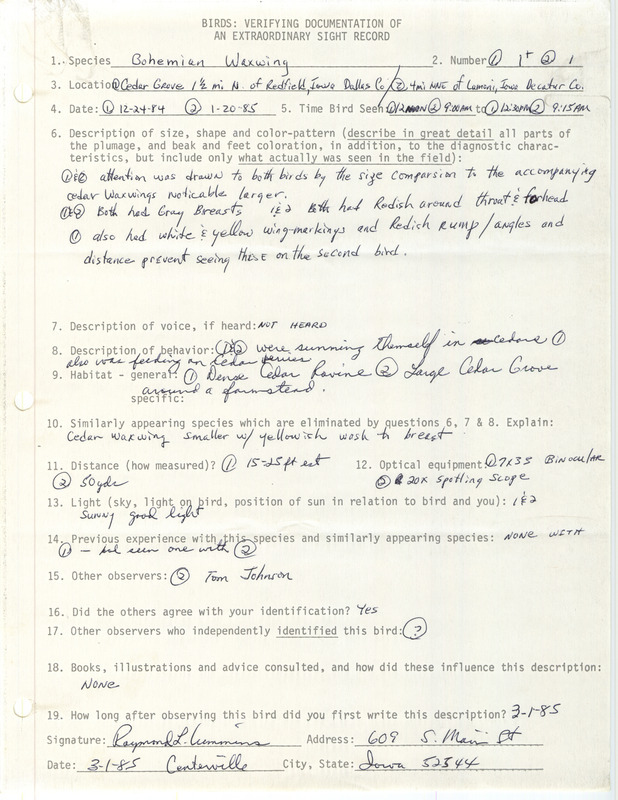 Rare bird documentation form for one or more Bohemian Waxwings north of Redfield in Dallas County, IA on December 24, 1984 and a Bohemian Waxwing north-northeast of Lamoni in Decatur County, IA on January 20, 1985.