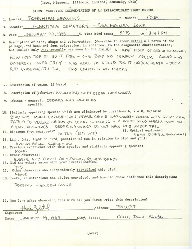 Rare bird documentation form for a Bohemian Waxwing at Glendale Cemetery in Des Moines in Polk County, IA on January 27, 1985.