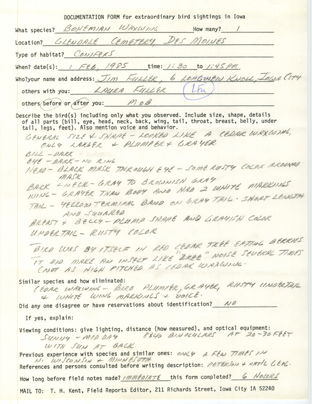 Rare bird documentation form for a Bohemian Waxwing at Glendale Cemetery in Des Moines in Polk County, IA on February 1, 1985.