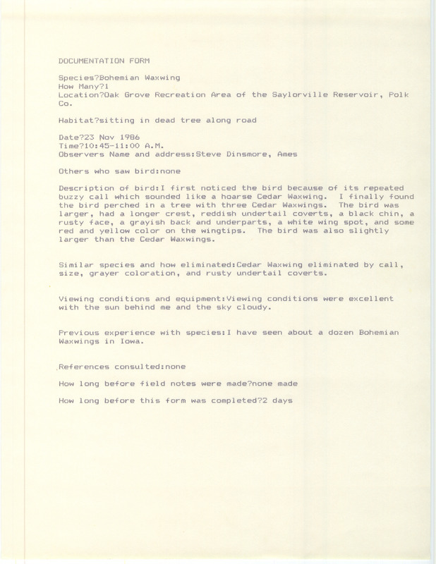 Rare bird documentation form for a Bohemian Waxwing at Oak Grove Recreation Area at Saylorville Reservoir in Polk County, IA on November 23, 1986.