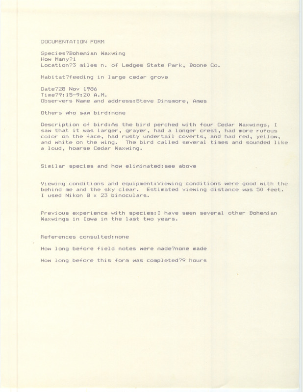 Rare bird documentation form for a Bohemian Waxwing north of Ledges State Park in Boone County, IA on November 28, 1986.