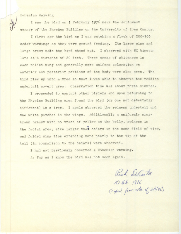 Rare bird documentation form for a Bohemian Waxwing at MacLean Hall at University of Iowa in Johnson County, IA on February 1, 1976.