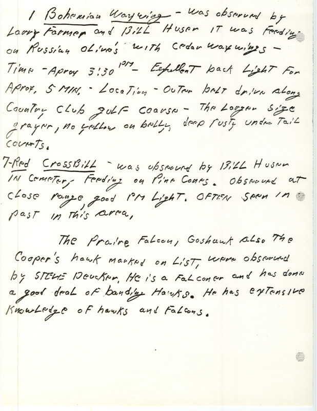 Field notes by Richard Nicholson with sighting information for a Bohemian Waxwing, Red Crossbill, Prairie Falcon, and Cooper's Hawk.