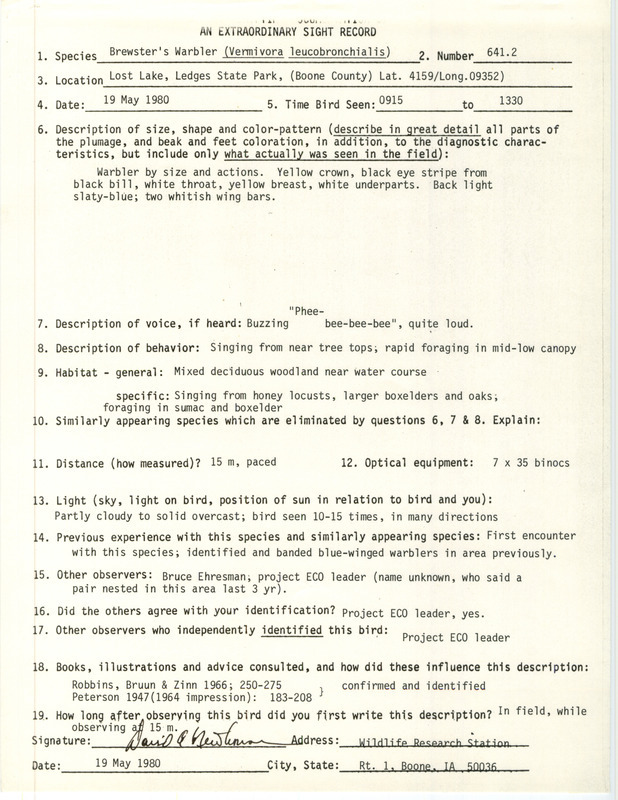 Rare bird documentation form for six-hundred forty-one and two-tenths Brewster's Warblers at the Lost Lake in Ledges State Park in Boone County, IA on May 19, 1980.