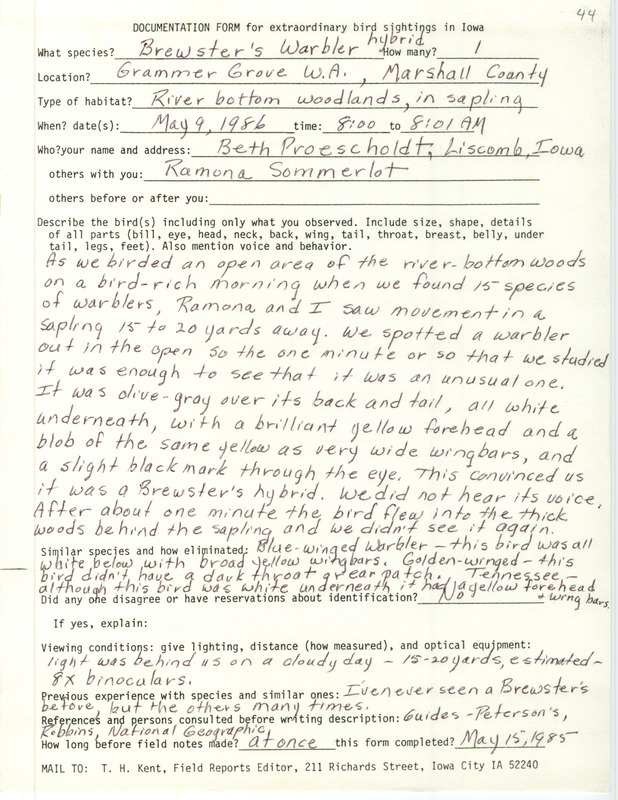 Rare bird documentation form for a Brewster's Warbler at Grammer Grove Wildlife Area in Marshall County, IA on May 9, 1986.