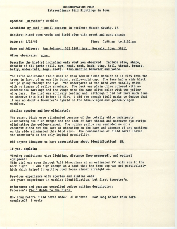 Rare bird documentation form for a Brewster's Warbler at Greenfield Township in Warren County, IA on May 11, 1989.