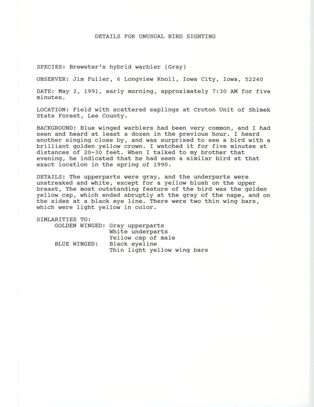 Rare bird documentation form for a Brewster's Warbler at the Croton Unit of Shimek State Forest in Lee County, IA on May 2, 1991.