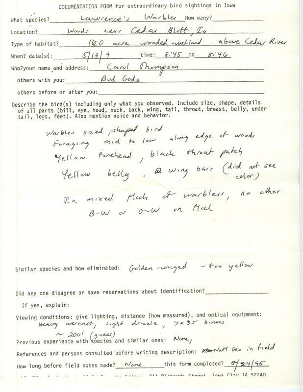 Rare bird documentation form for a Lawrence's Warbler near Cedar Bluff in Cedar County, IA on May 13, 1995.