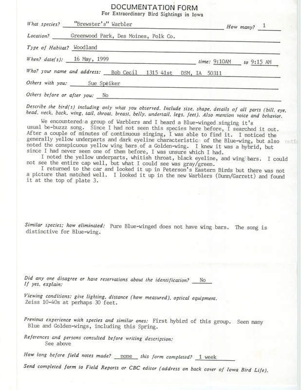 Rare bird documentation form for a Brewster's Warbler at Greenwood Park in Des Moines in Polk County, IA on May 16, 1999.