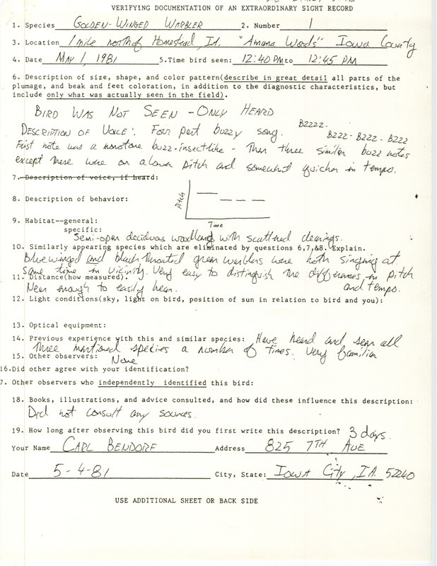 Rare bird documentation form for a Golden-winged Warbler at Amana Woods in Iowa County, IA on May 1, 1981.