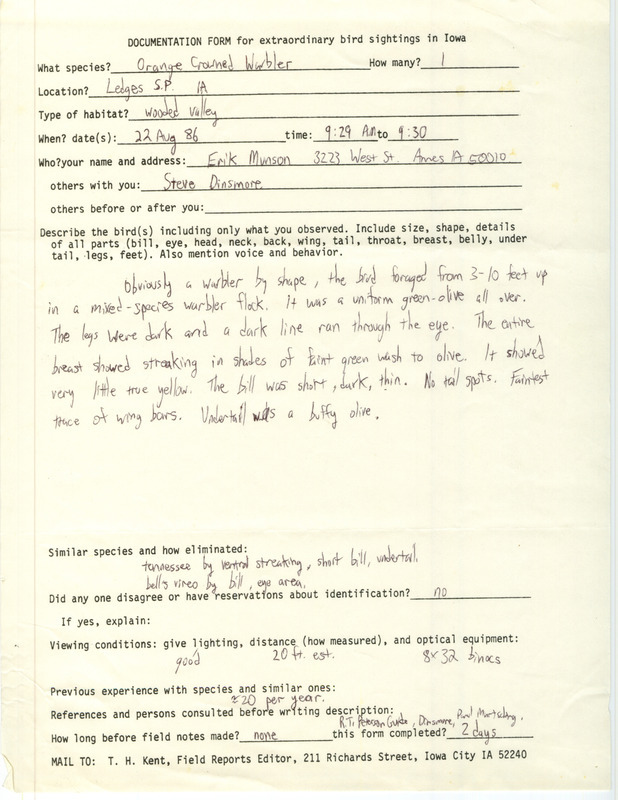 Rare bird documentation form for a Orange-crowned Warbler at Ledges State Park in Boone County, IA on August 22, 1986.