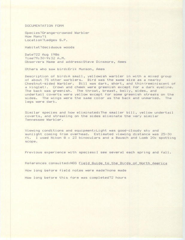 Rare bird documentation form for an Orange-crowned Warbler at Ledges State Park in Boone County, IA on August 22, 1986.