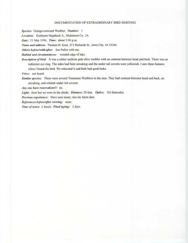 Rare bird documentation form for an Orange-crowned Warbler at Kettleson Hogsback Wildlife Area in Dickinson County, IA on May 21, 1996.