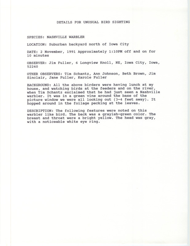 Rare bird documentation form for a Nashville Warbler north of Iowa City in Johnson County, IA on November 2, 1991.