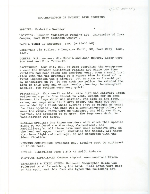 Rare bird documentation form for a Nashville Warbler at Hancher Auditorium in Iowa City in Johnson County, IA on December 19, 1993.