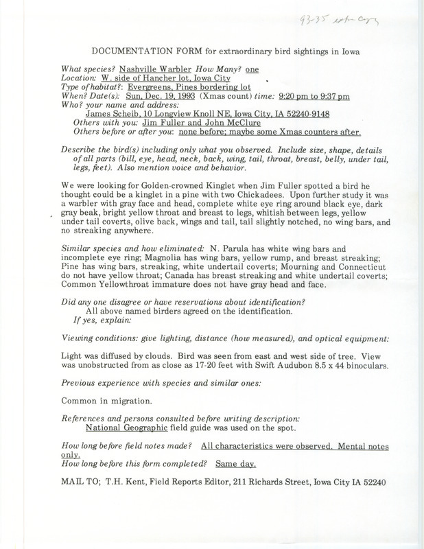 Rare bird documentation form for a Nashville Warbler at Hancher Auditorium in Iowa City in Johnson County, IA on December 19, 1993.