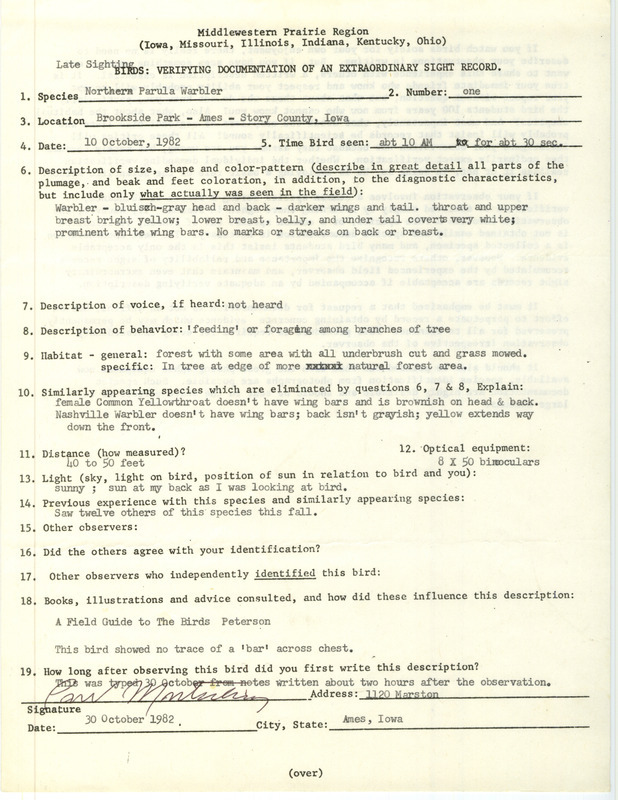 Rare bird documentation form for a Northern Parula at Brookside Park in Ames in Story County, IA on October 10, 1982.