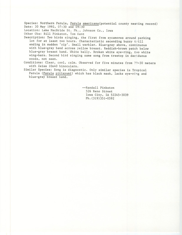 Rare bird documentation form for two Northern Parulas at Lake MacBride State Park in Johnson County, IA on May 30, 1992.