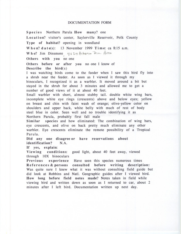 Rare bird documentation form for a Northern Parula at Saylorville Reservoir in Polk County, IA on November 13, 1999.