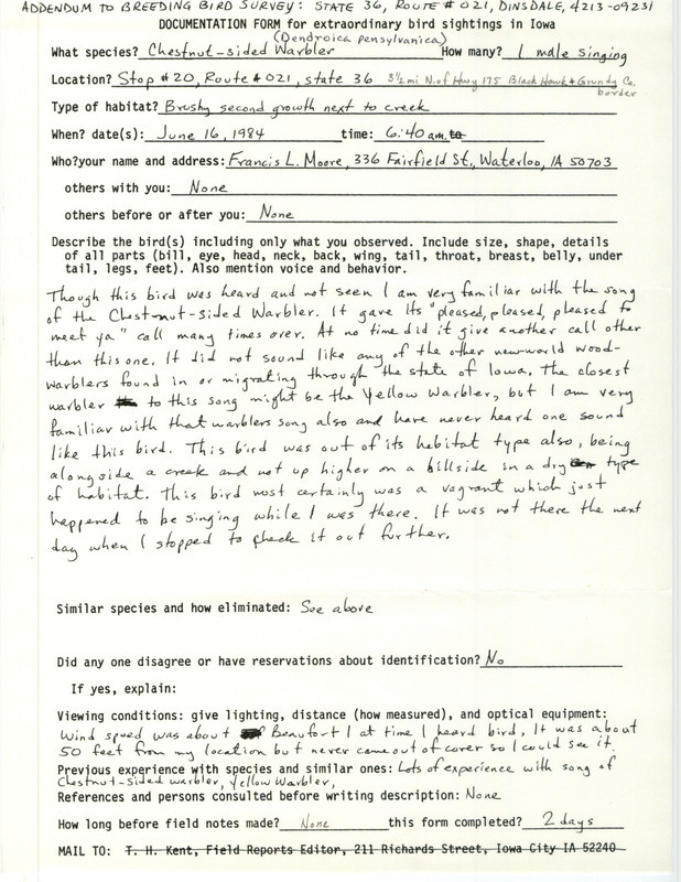 Rare bird documentation form for a Chestnut-sided Warbler near Zaneta in Grundy County, IA on June 16, 1984. It is an addendum to the Iowa Breeding Bird Survey published by the IOU.