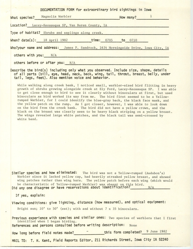 Rare bird documentation form for a Magnolia Warbler at Lacey-Keosauqua State Park in Van Buren County, IA on April 18, 1982.