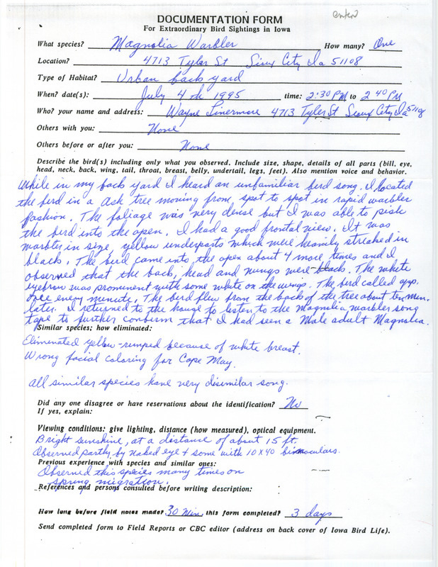 Rare bird documentation form for a Magnolia Warbler at Sioux City in Woodbury County, IA on July 4, 1995.