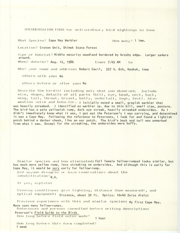 Rare bird documentation form for a Cape May Warbler at the Croton Unit in the Shimek State Forest in Lee County, IA on August 12, 1986.