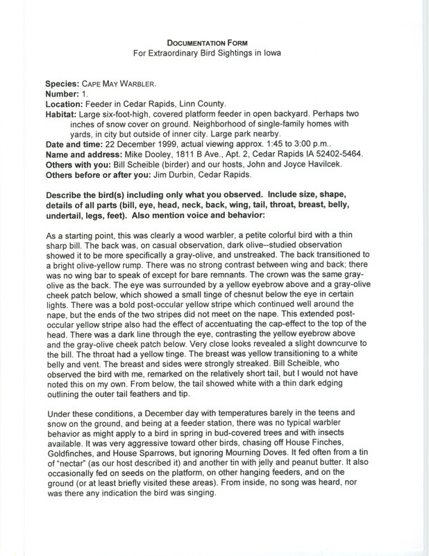 Rare bird documentation form for a Cape May Warbler at Cedar Rapids in Linn County, IA on December 22, 1999.