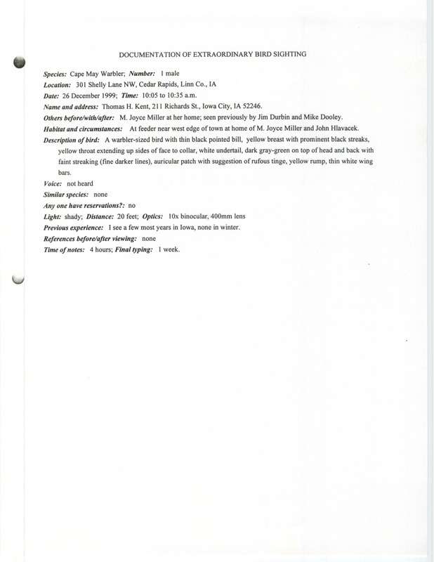 Rare bird documentation form for a Cape May Warbler at Cedar Rapids in Linn County, IA on December 26, 1999.