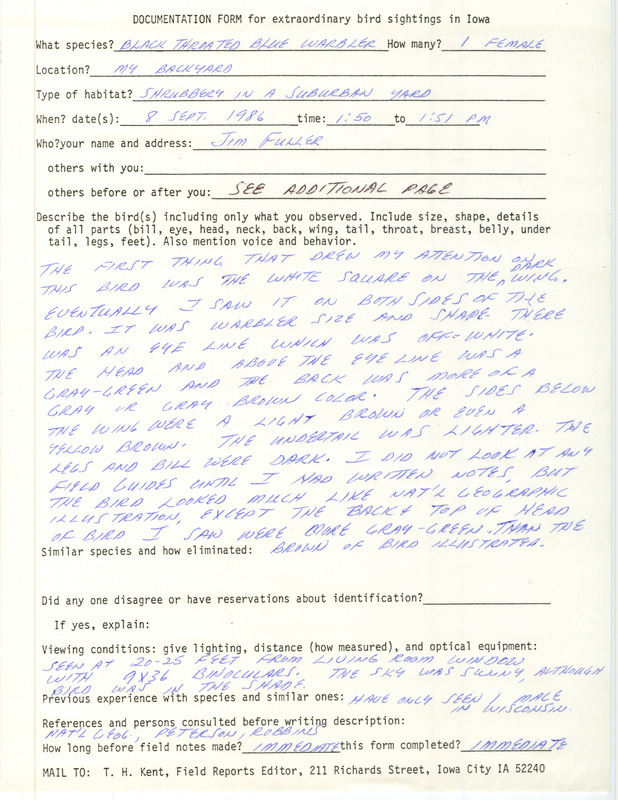 Rare bird documentation form for a Black-throated Blue Warbler at Iowa City in Johnson County, IA on September 8, 1986. Included is an note about another Black-throated Blue Warbler sighting at the same location on September 11, 1986.