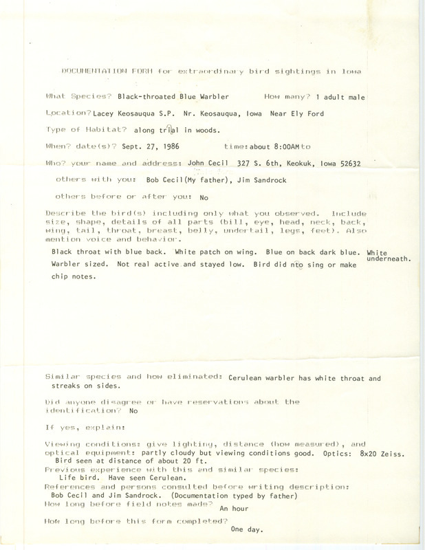 Rare bird documentation form for a Black-throated Blue Warbler at Lacey-Keosauqua State Park in Van Buren County, IA on September 27, 1986.