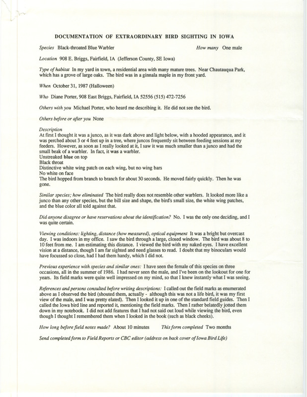 Rare bird documentation form for a Black-throated Blue Warbler at Fairfield in Jefferson County, IA on October 31, 1987.