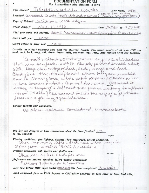 Rare bird documentation form for a Black-throated Blue Warbler at Portland Township in Cerro Gordo County, IA on November 11, 1998.